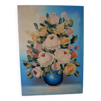 Still life painting bouquet of flowers vintage painted canvas classic decoration bohemian countryside