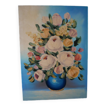 Still life painting bouquet of flowers vintage painted canvas classic decoration bohemian countryside