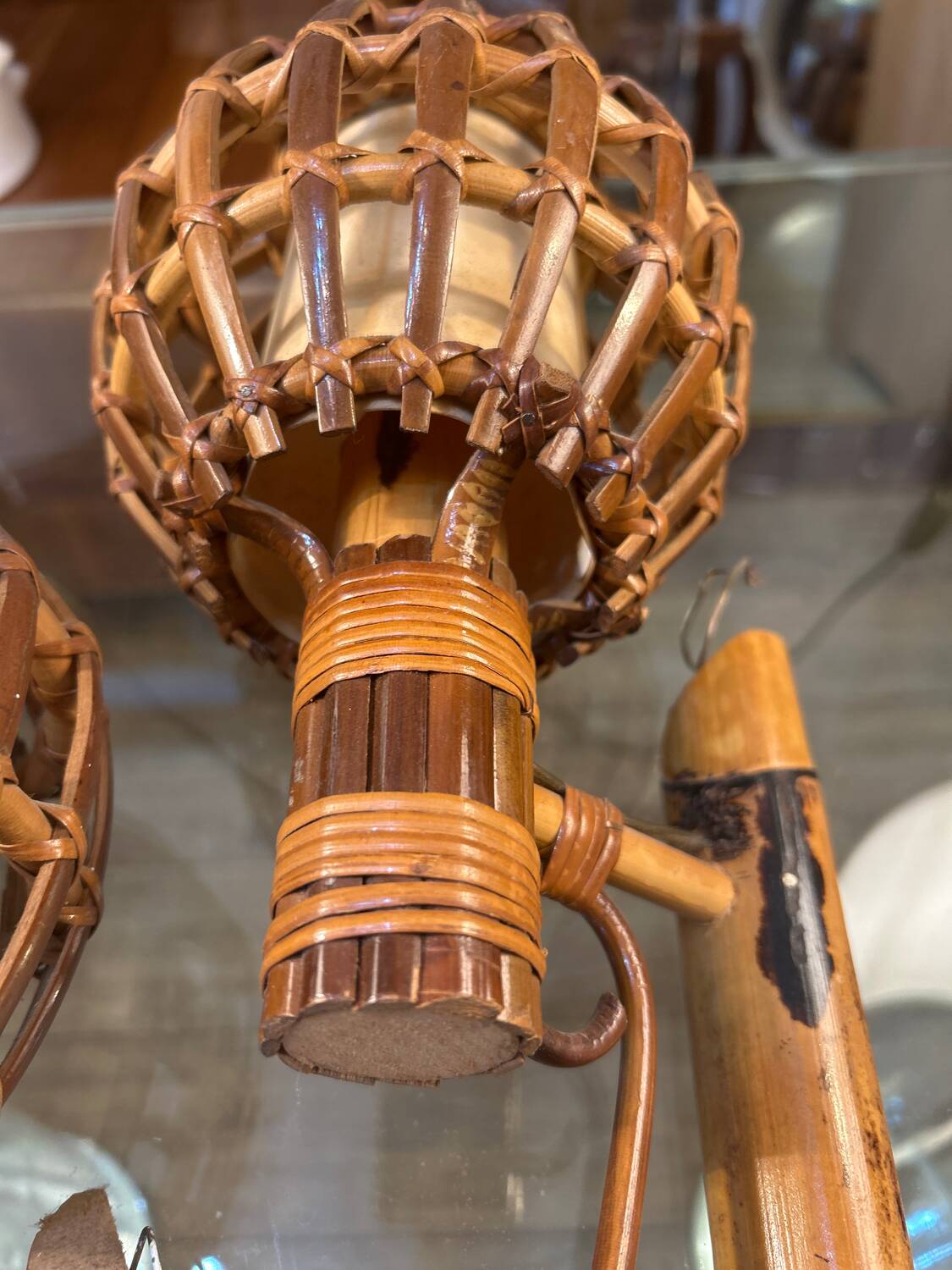 Pair of wall lights, rattan, 1950