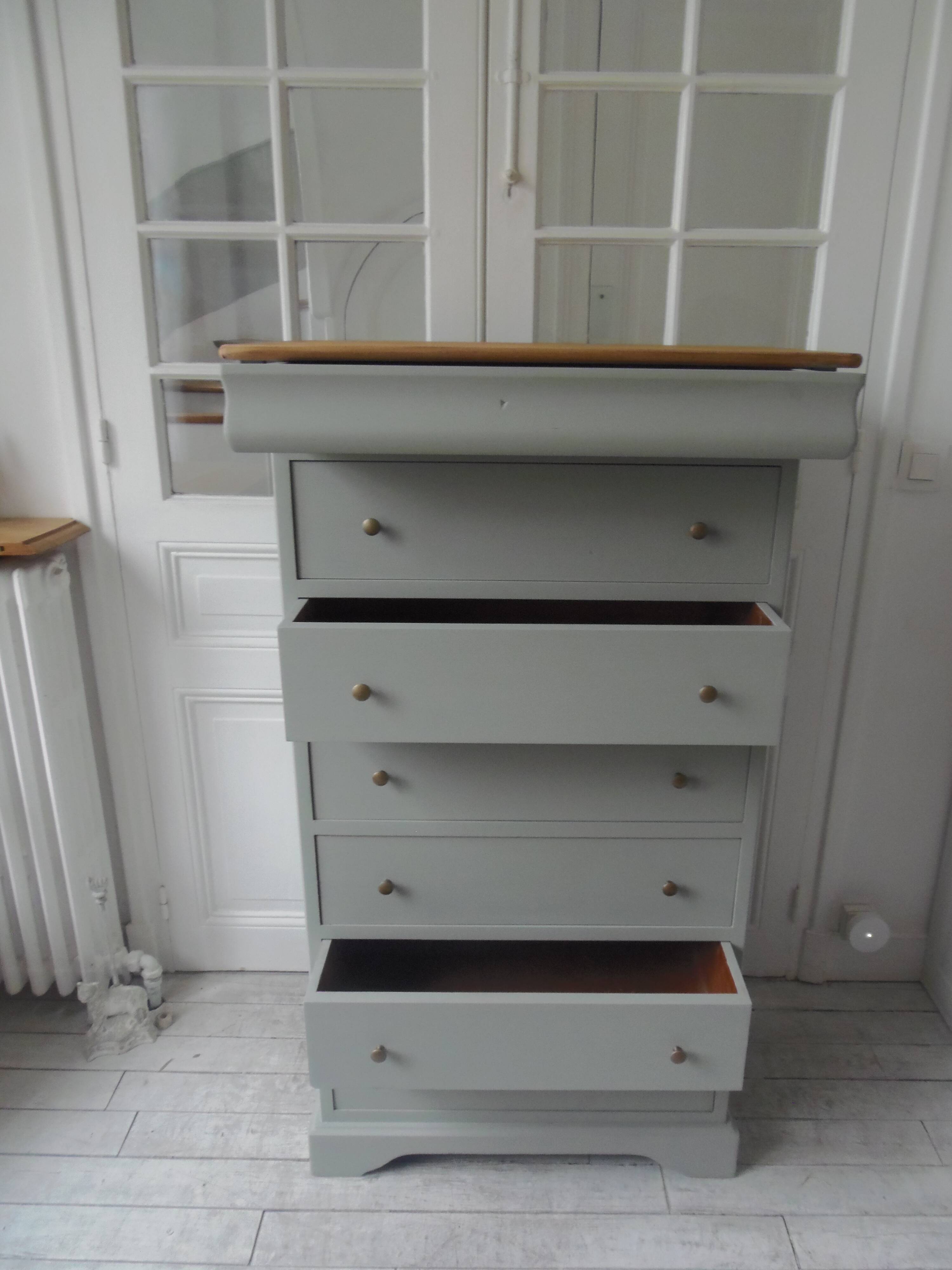 Louis Philippe style chest of drawers, 7 drawers, in verdigris, wooden top