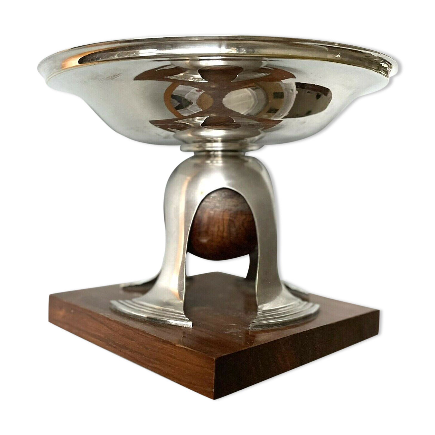 Art deco cut rosewood sphere enclosed in silver metal foot