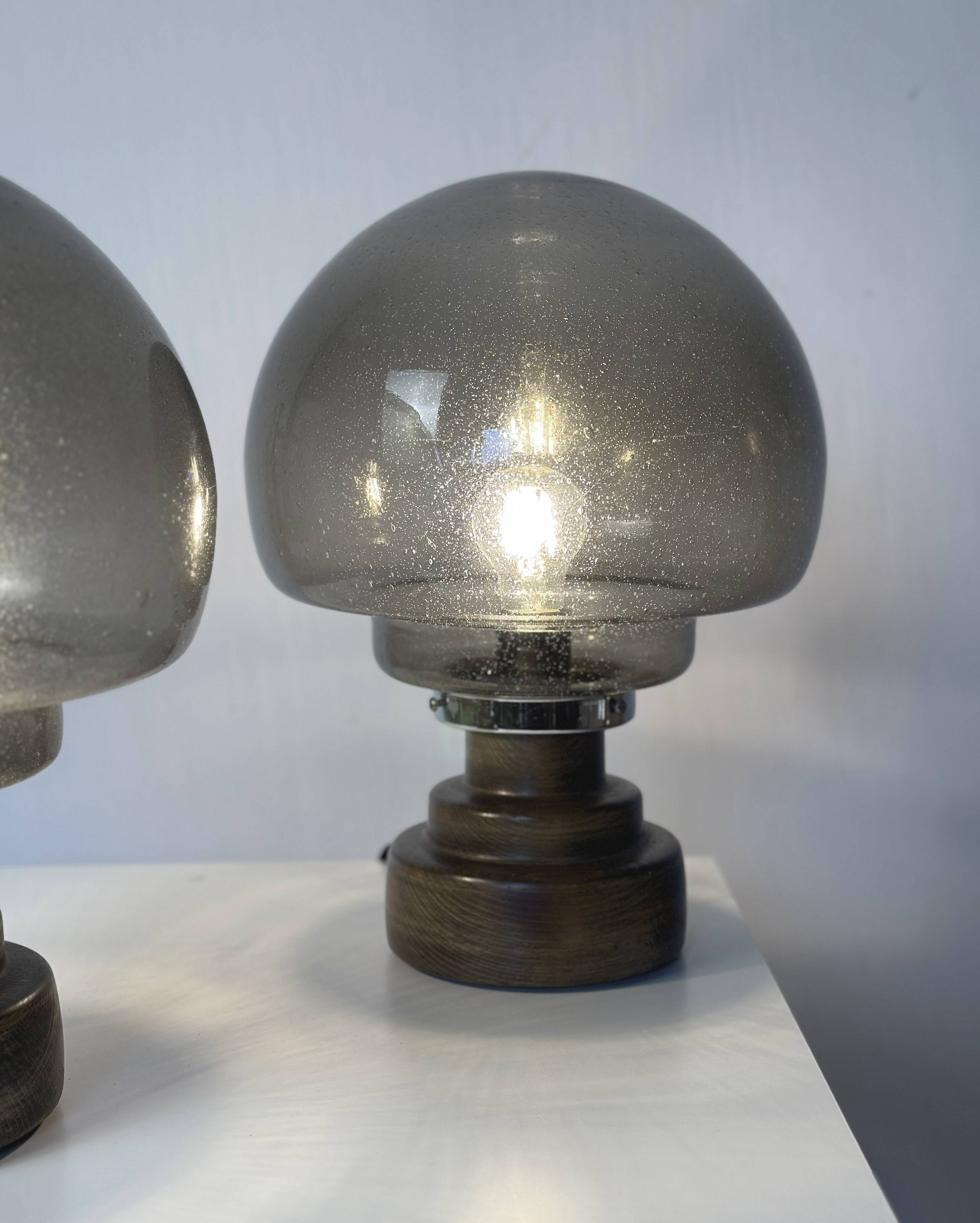 Set of 2 vintage Italian brutalist mushroom table lamps in smoked glass