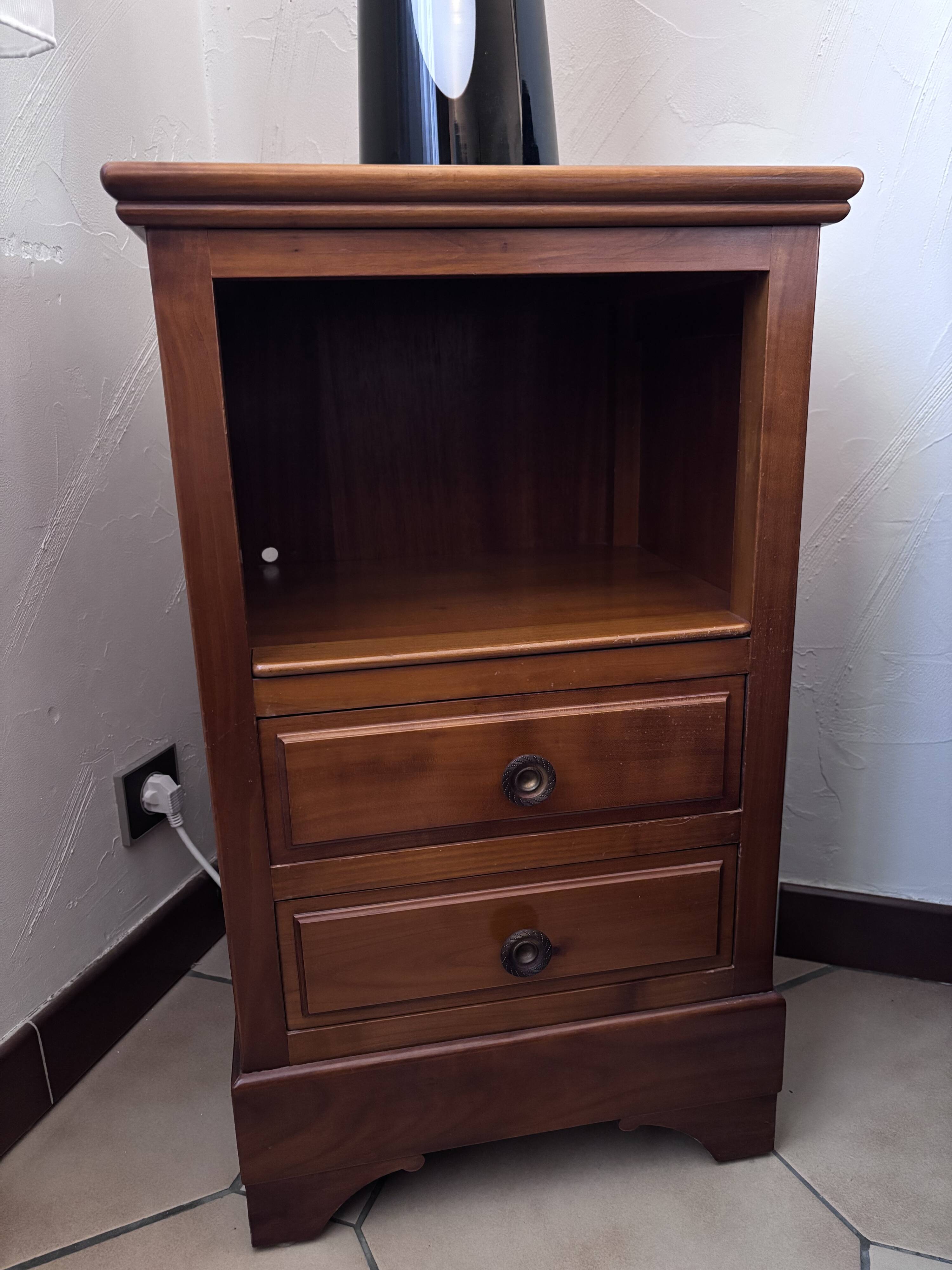 Solid cherry bedside table in Louis Philippe style.