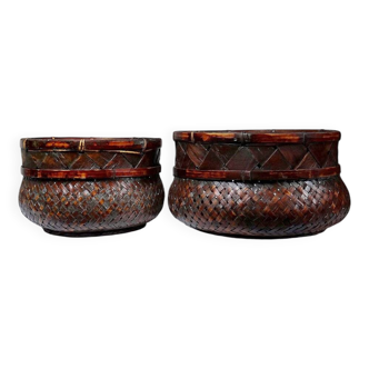 Duo de panières en bambou tressé Japonaises artisanales gigognes vintages