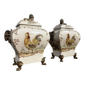 Pair of large covered violin-shaped porcelain jars with polychrome enameled decoration
