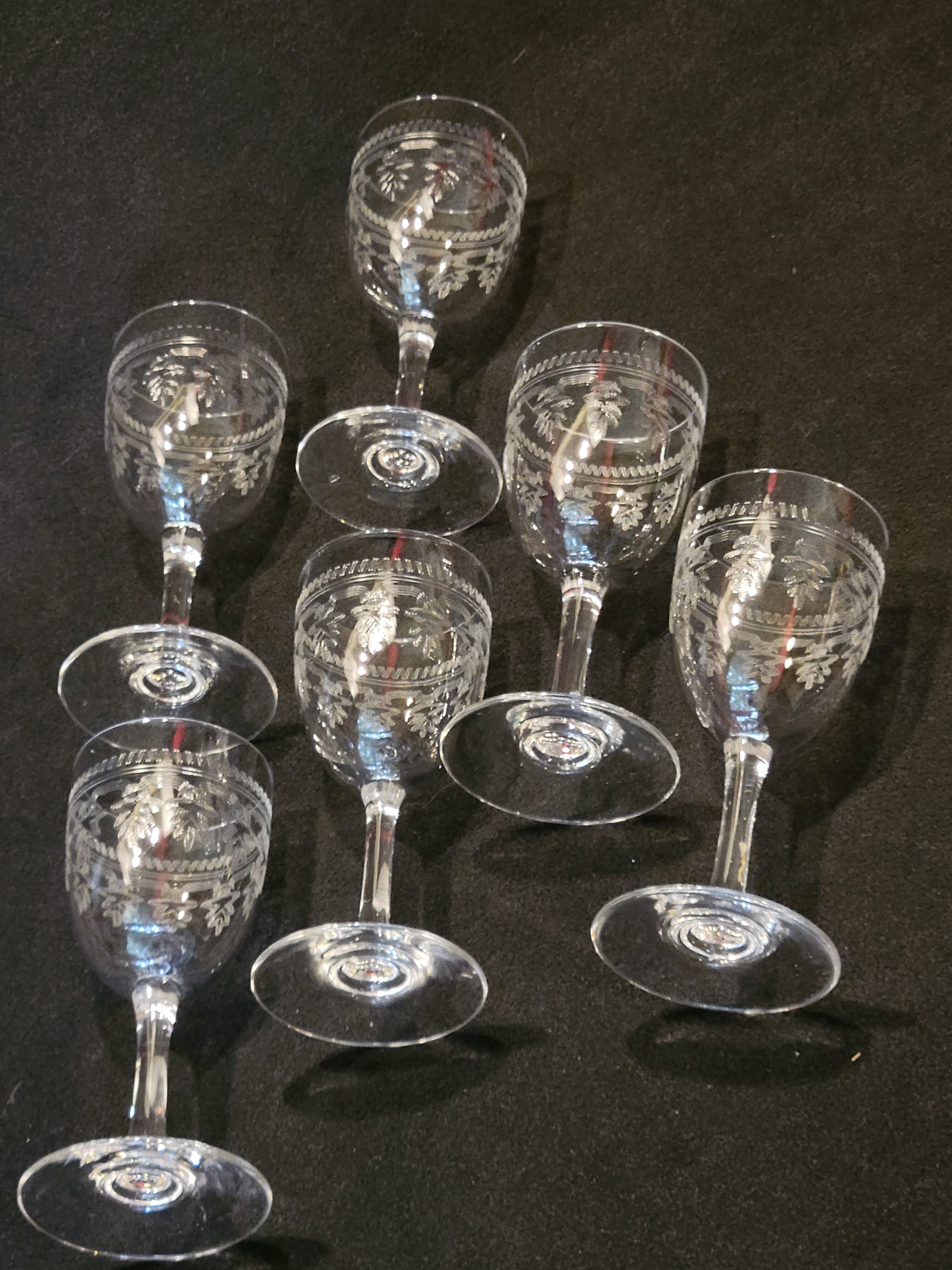 6 old glasses with engraved baccarat crystal wine stems