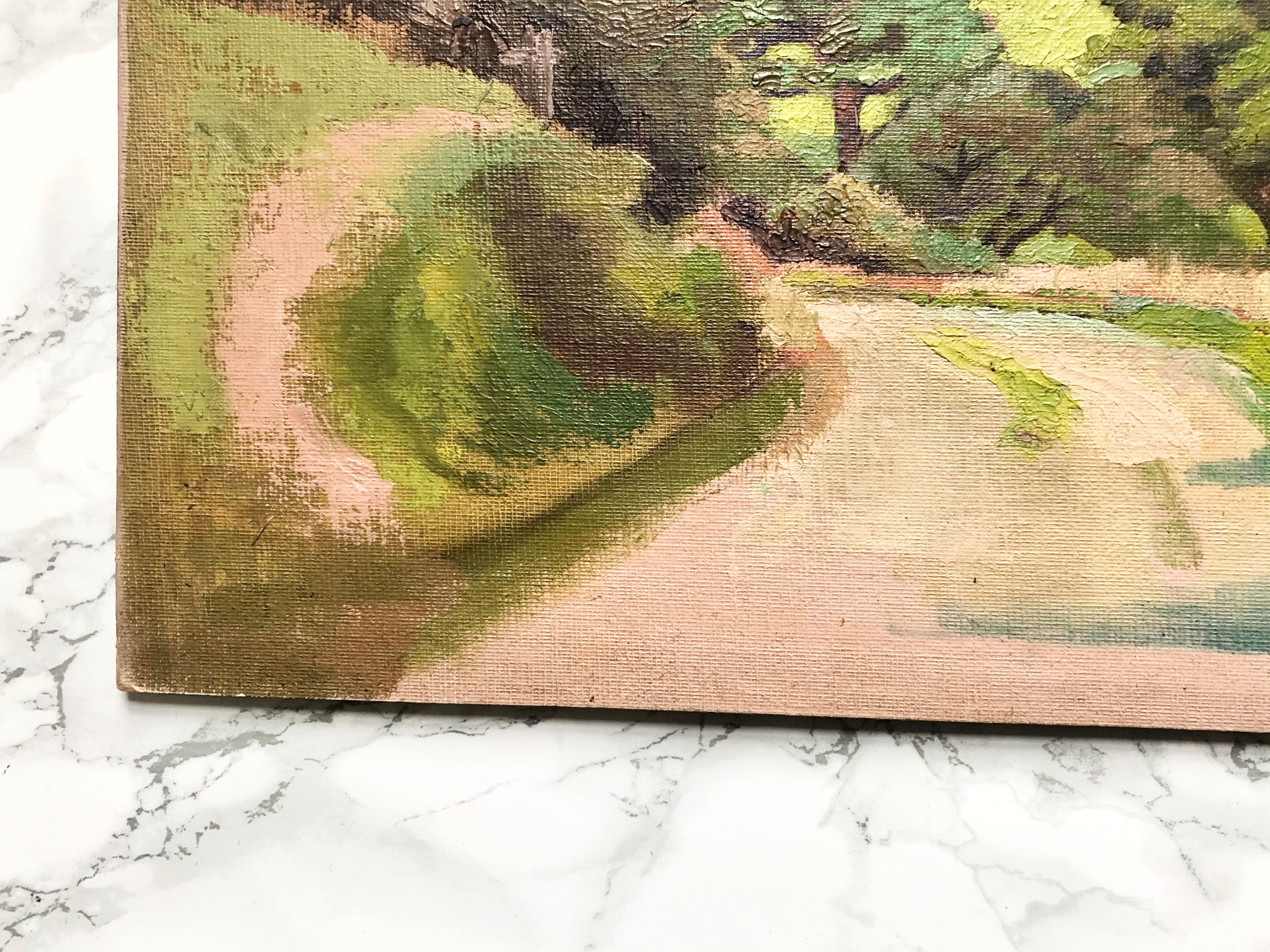 Oil on old cardboard depicting a hilly country landscape
