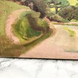 Oil on old cardboard depicting a hilly country landscape