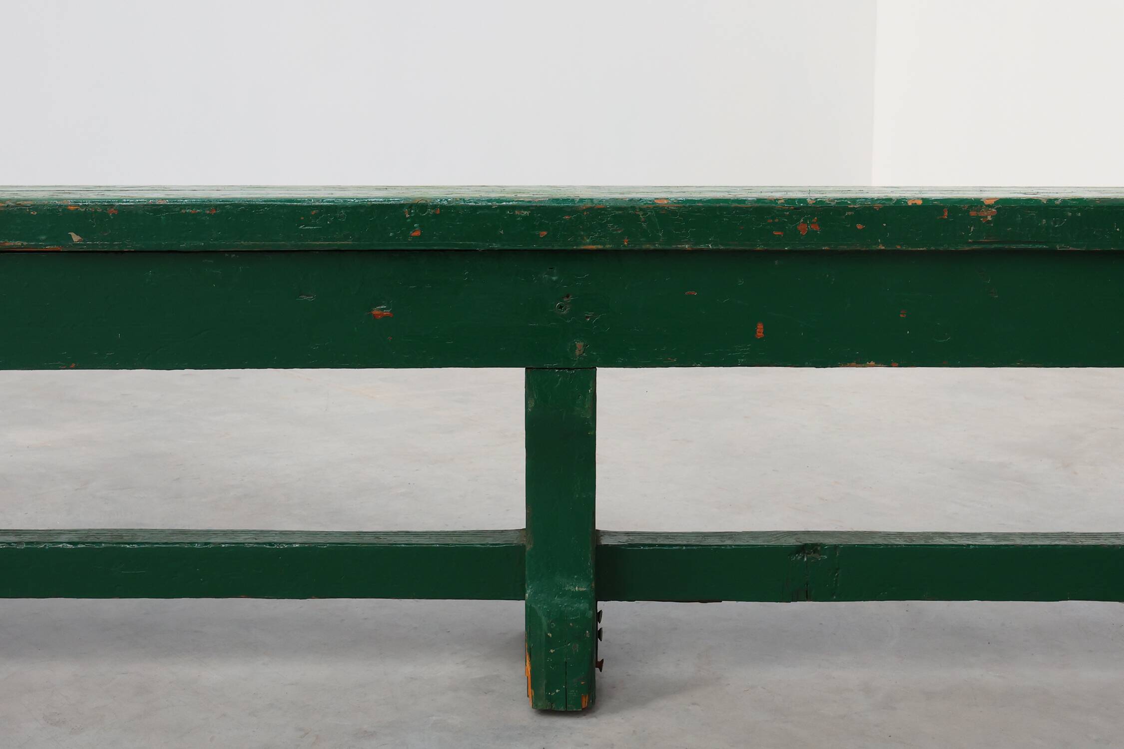 Rustic primitive green farmhouse bench in solid oak, France ca. 1900