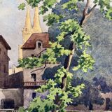 Watercolor painting of a castle and village, early 20th century