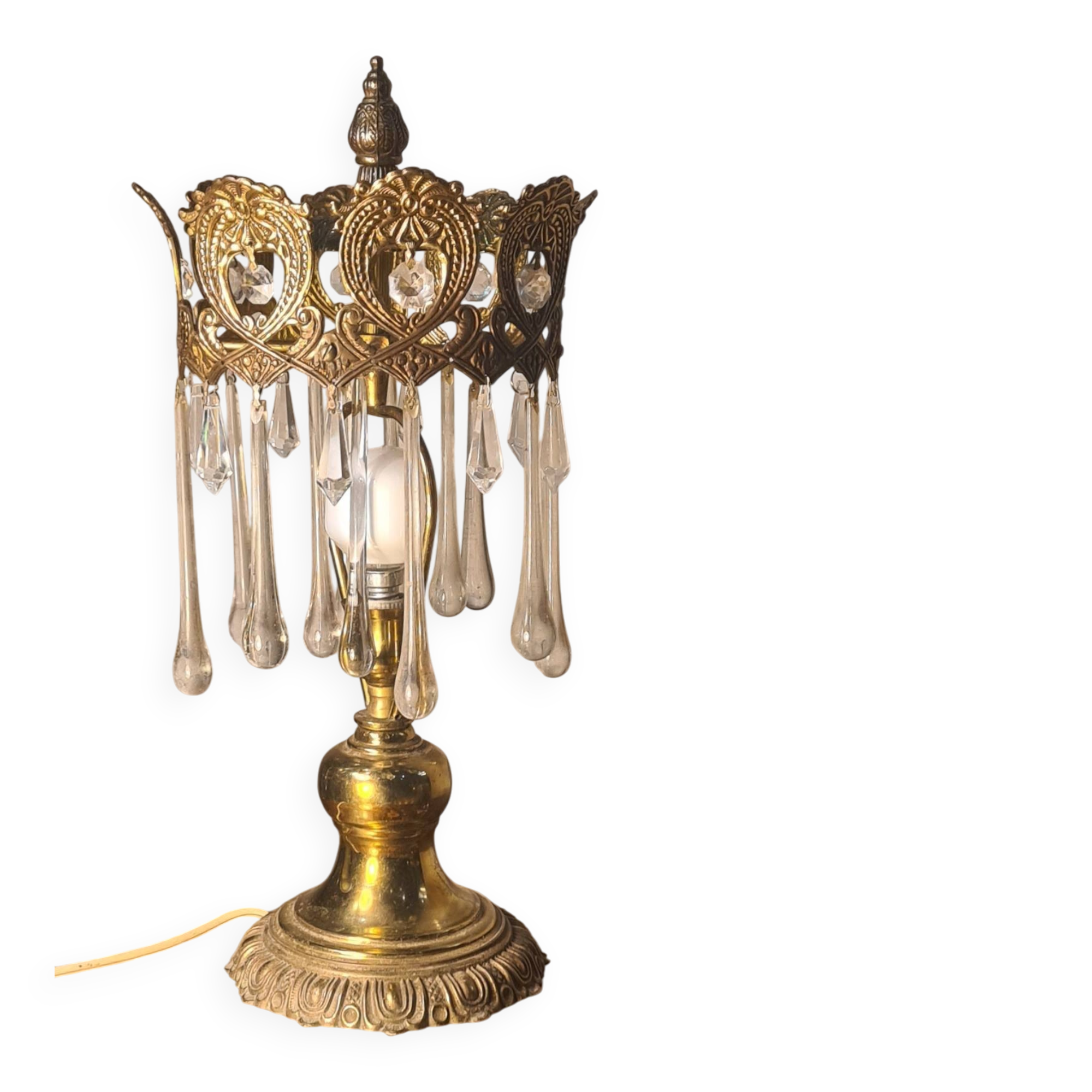 1960s lamp in bronze and brass with glass tear drop pendants, 38x18.