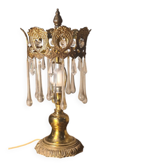 1960s lamp in bronze and brass with glass tear drop pendants, 38x18.