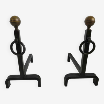 Pair of minimalist wrought iron and brass chenets