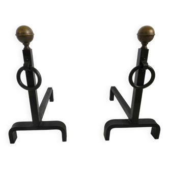 Pair of minimalist wrought iron and brass chenets