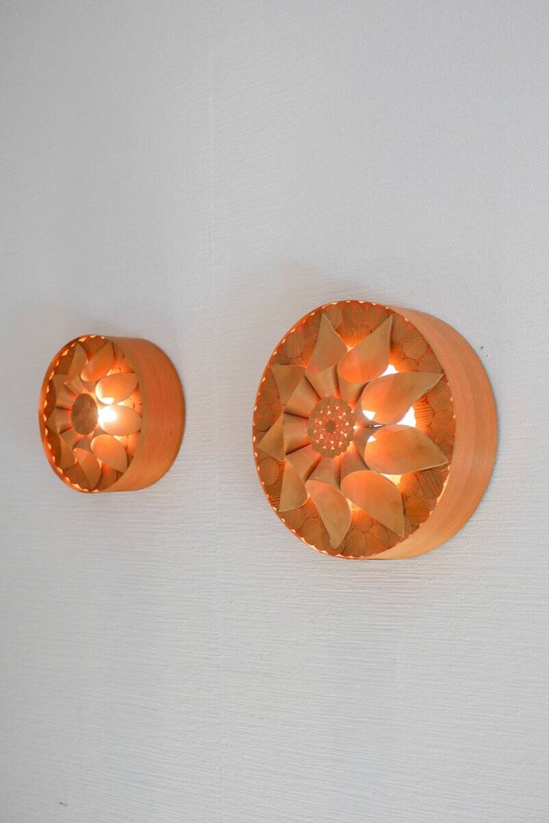 Handcrafted Swedish wooden wall sconces, set of 2