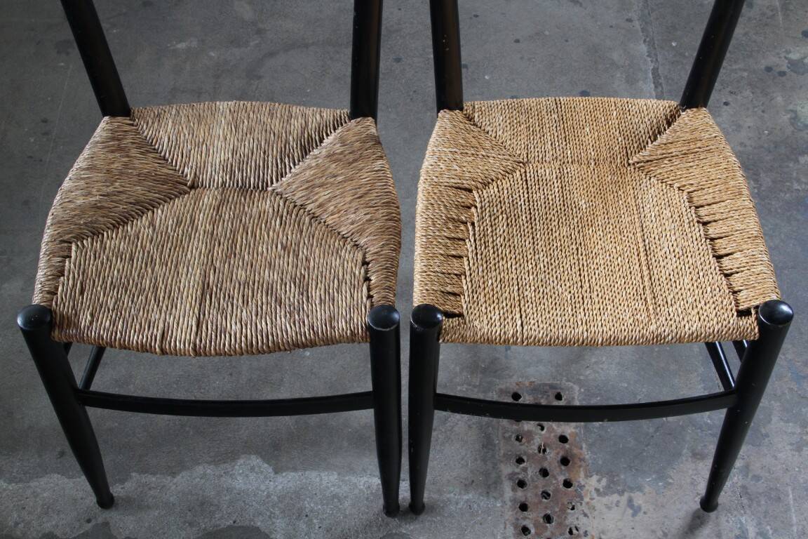 Vintage set of 8 Italian papercord black dining chairs, woven seat, 1950s