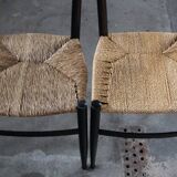 Vintage set of 8 Italian papercord black dining chairs, woven seat, 1950s