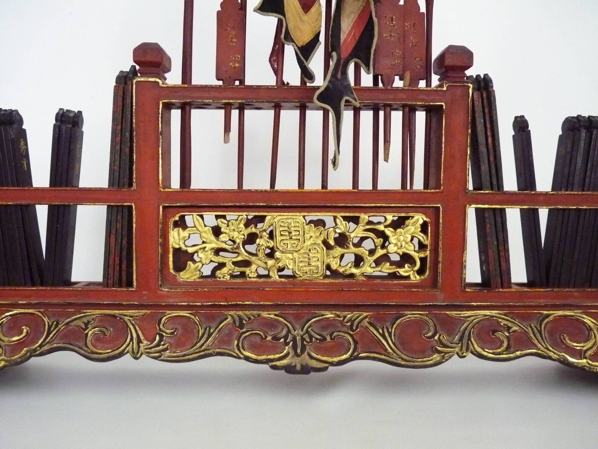 Antique Chinese board game in red and gold carved wood. 1950s