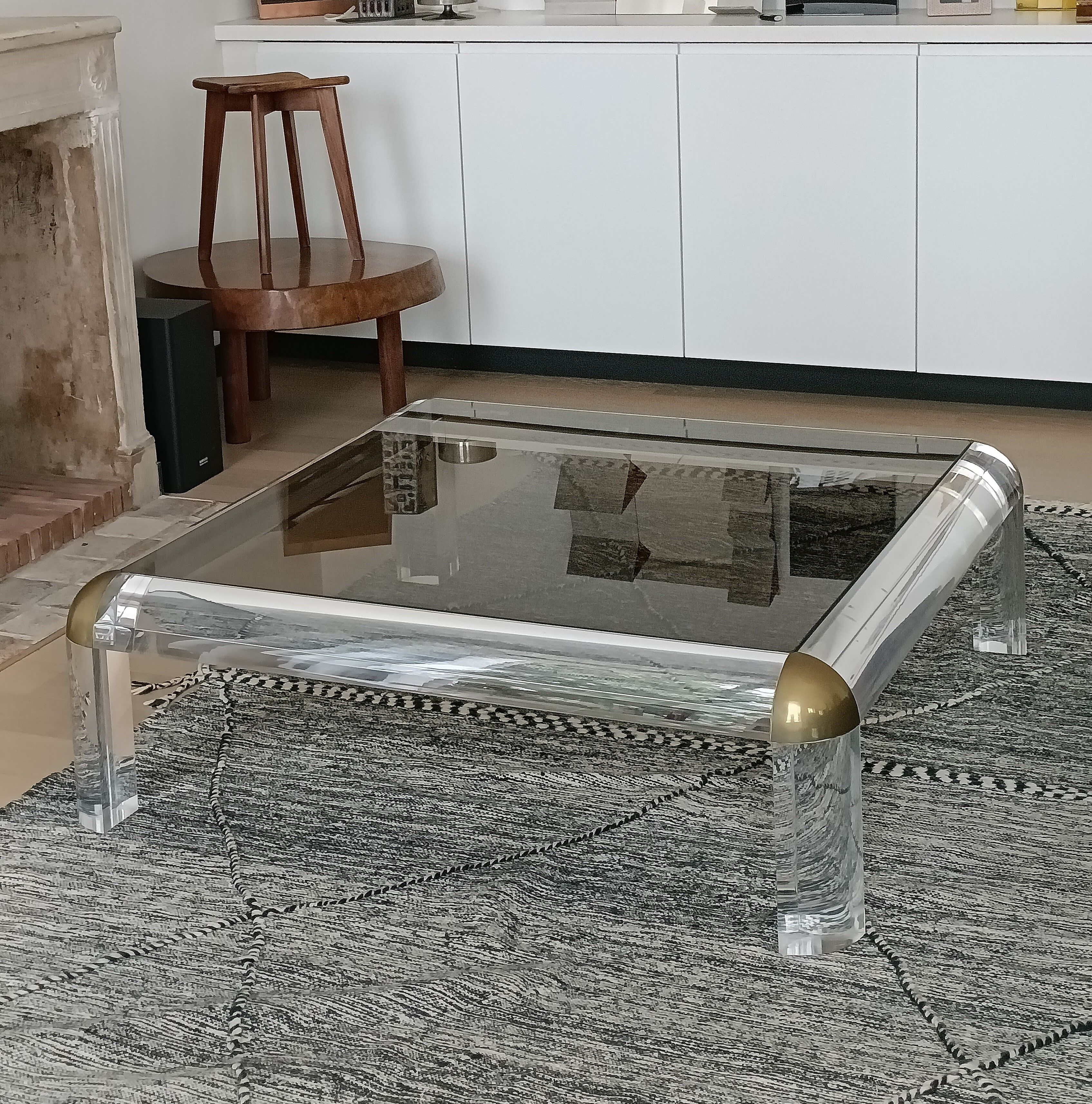 Square coffee table in brass and smoked and lucite glass Karl Springer 1970s