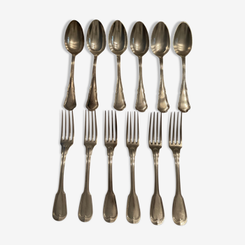 Set: 6 forks and 6 spoons. Silver metal . 2 models