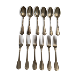 Set: 6 forks and 6 spoons. Silver metal . 2 models