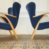 Pair of chairs Scandinavian wing stripes cocktail years 50 Blue