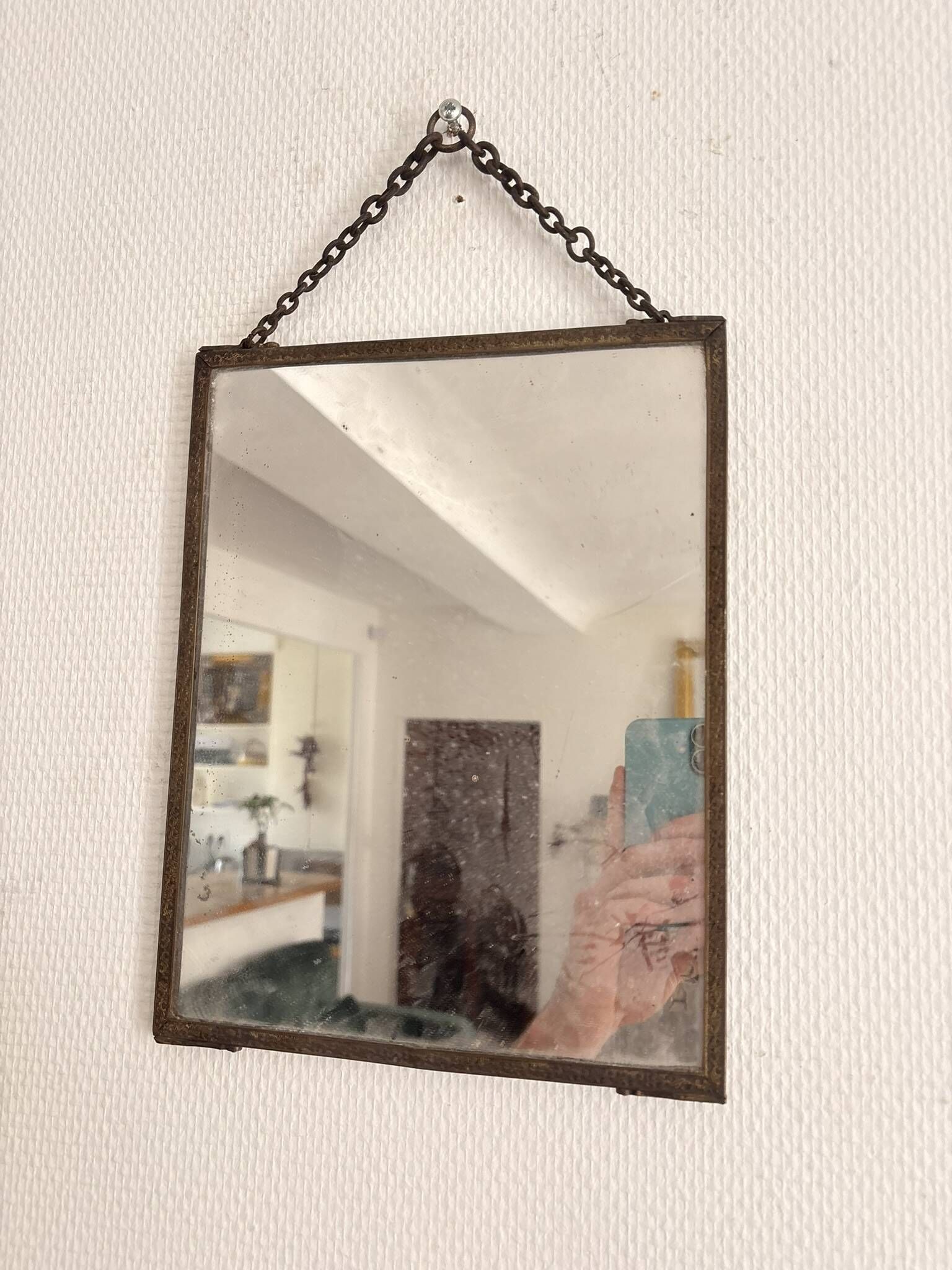 Antique Courteous Mirror Hanging Gallant Scene 19th Century Barber Chainette