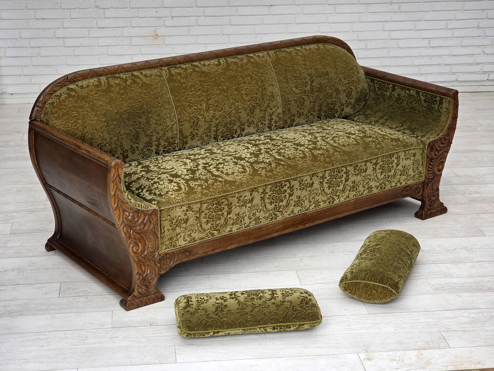 1950s, Danish 3-seater sofa, green furniture velour, oak wood.