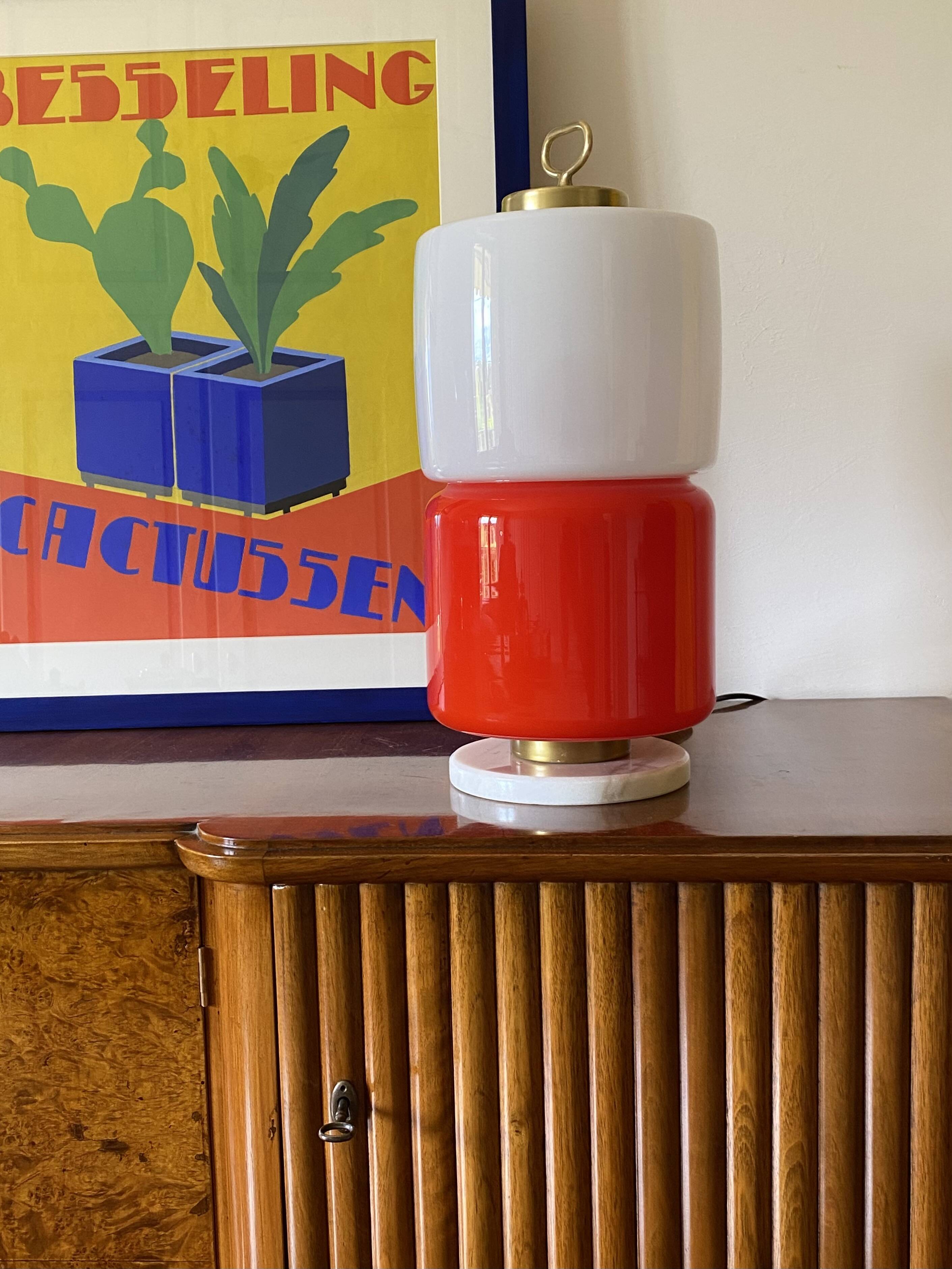 Space Age Red and white glass cylindrical table lamp, Italy 1970s