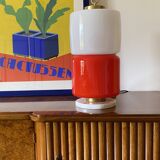Space Age Red and white glass cylindrical table lamp, Italy 1970s