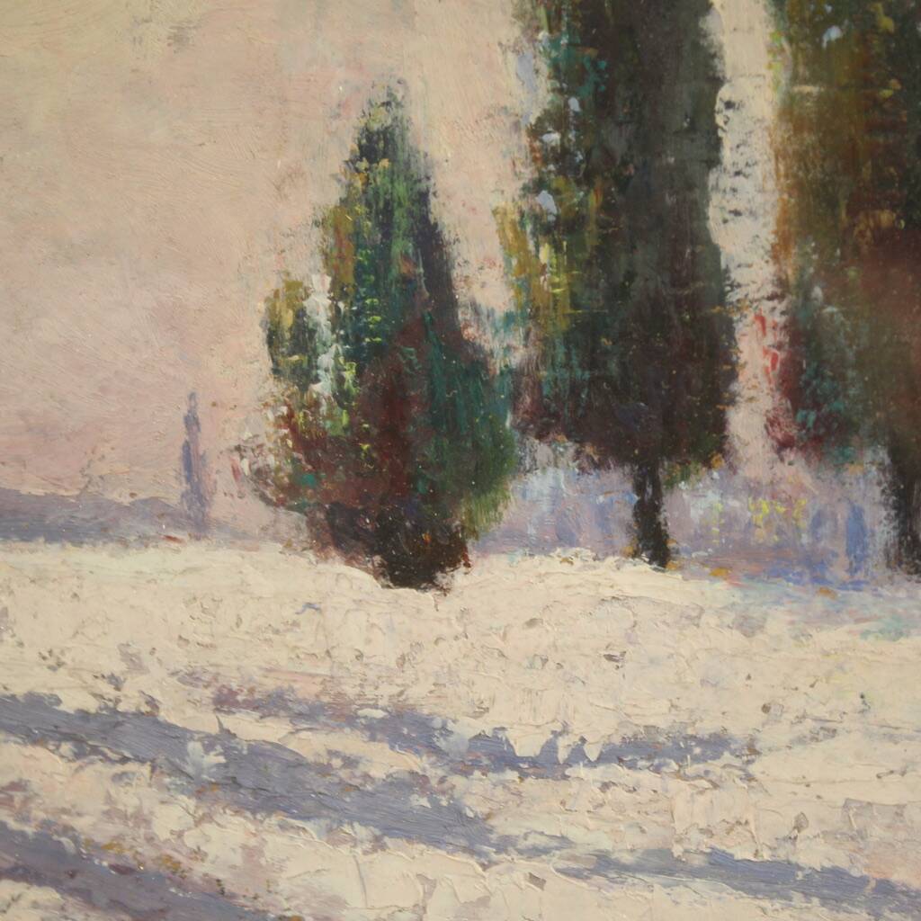 Peinture de paysage enneigé italien signée et datée de 1932.