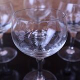 Set of engraved vintage flower balloon red wine glasses.