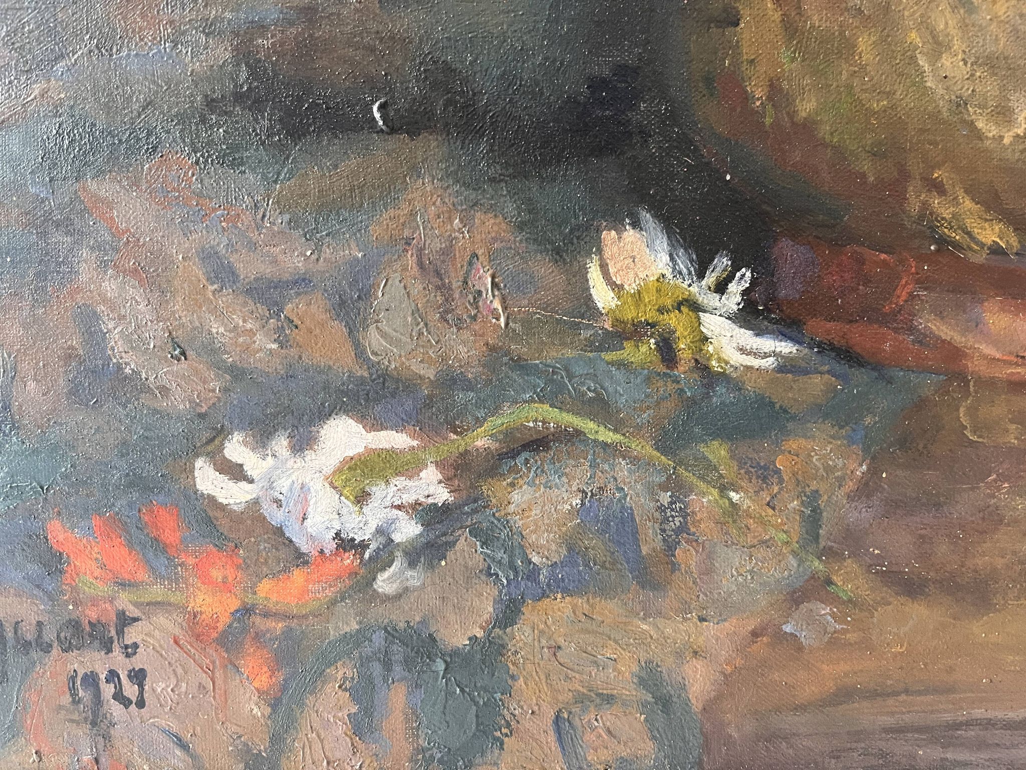 Large oil on canvas of a still life with flowers 1929, antique painting.