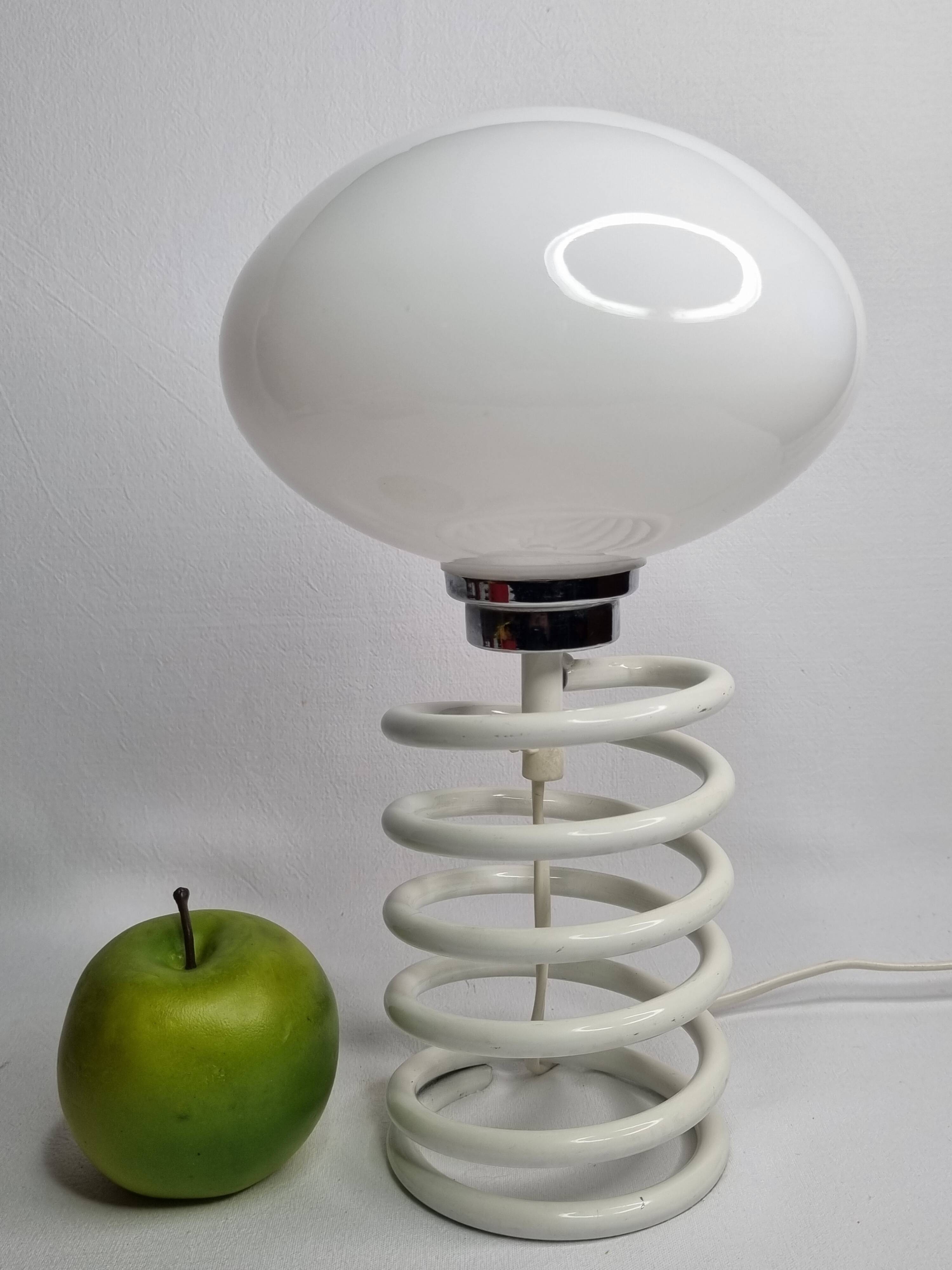 Vintage table lamp with spring base, opaline globe, Maurer style, 80s
