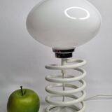 Vintage table lamp with spring base, opaline globe, Maurer style, 80s