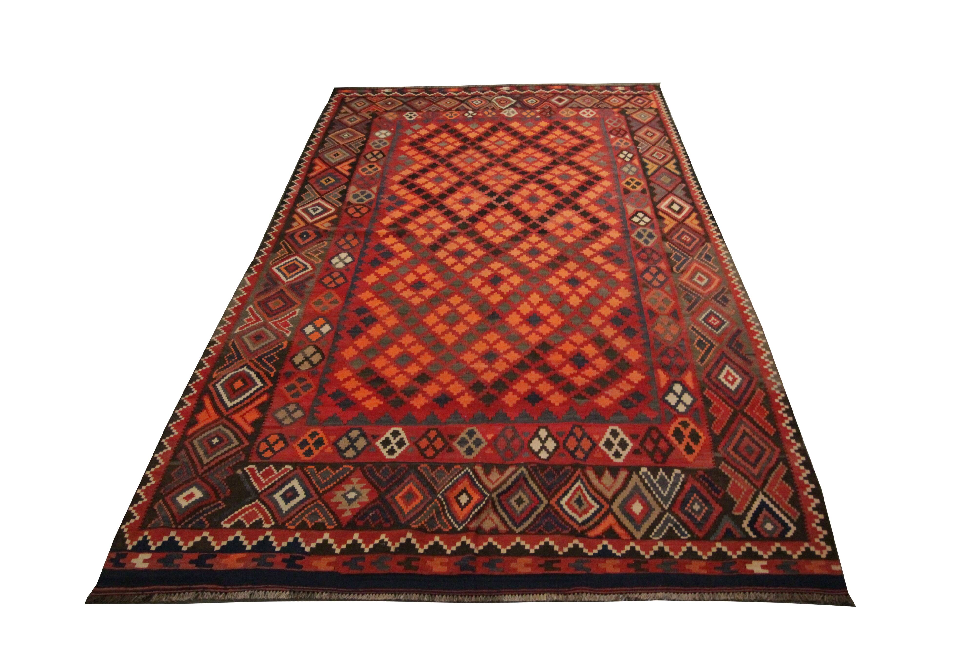 Deep Red Afghan Kilim Rug, Large Geometric Wool Handmade Carpet 200x337 cm