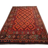 Deep Red Afghan Kilim Rug, Large Geometric Wool Handmade Carpet 200x337 cm