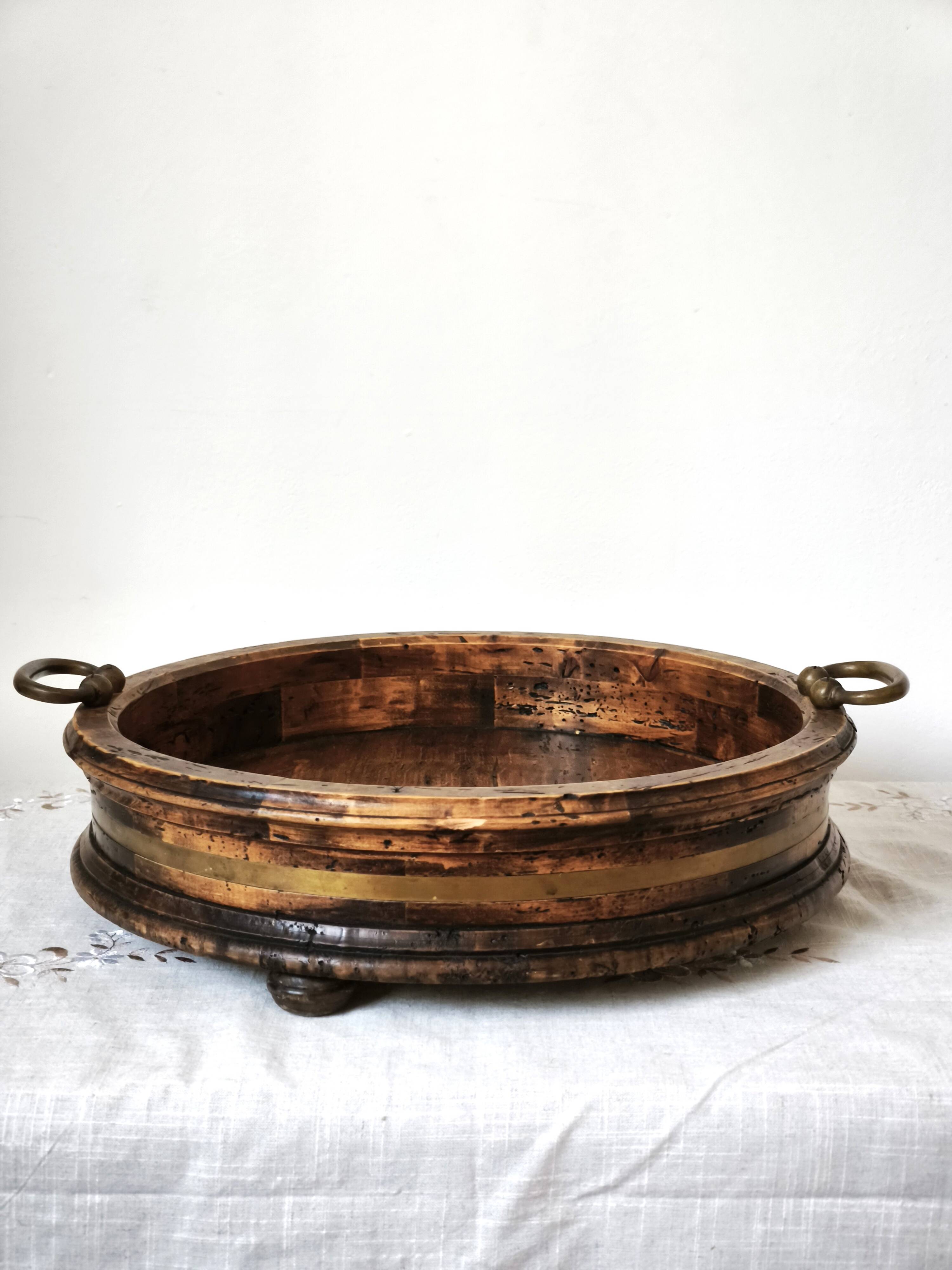 Large antique Italian wooden tray with brass handles.
