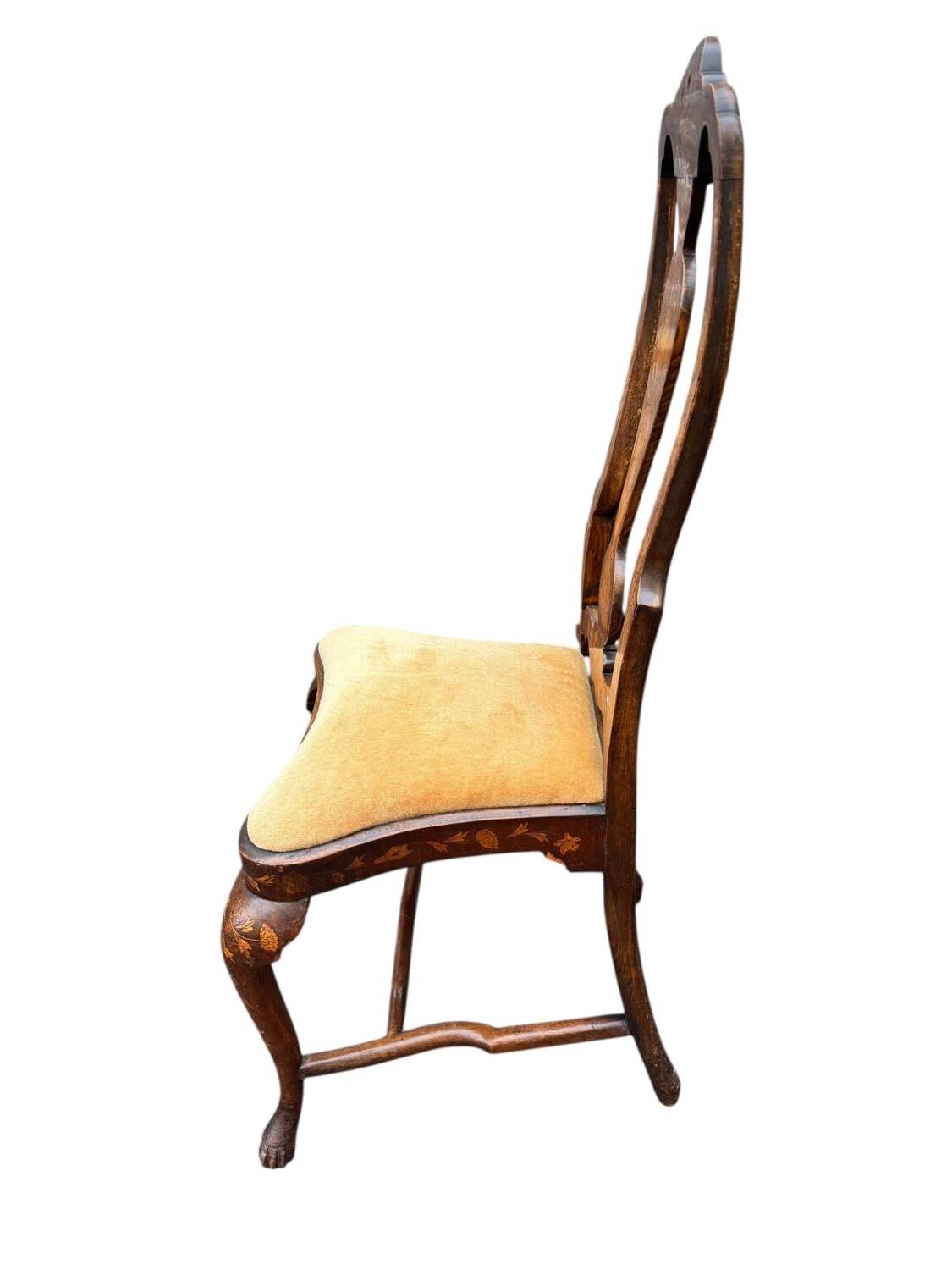 Dutch salon 1900, table and 4 chairs in marquetry stamped IDRAC.