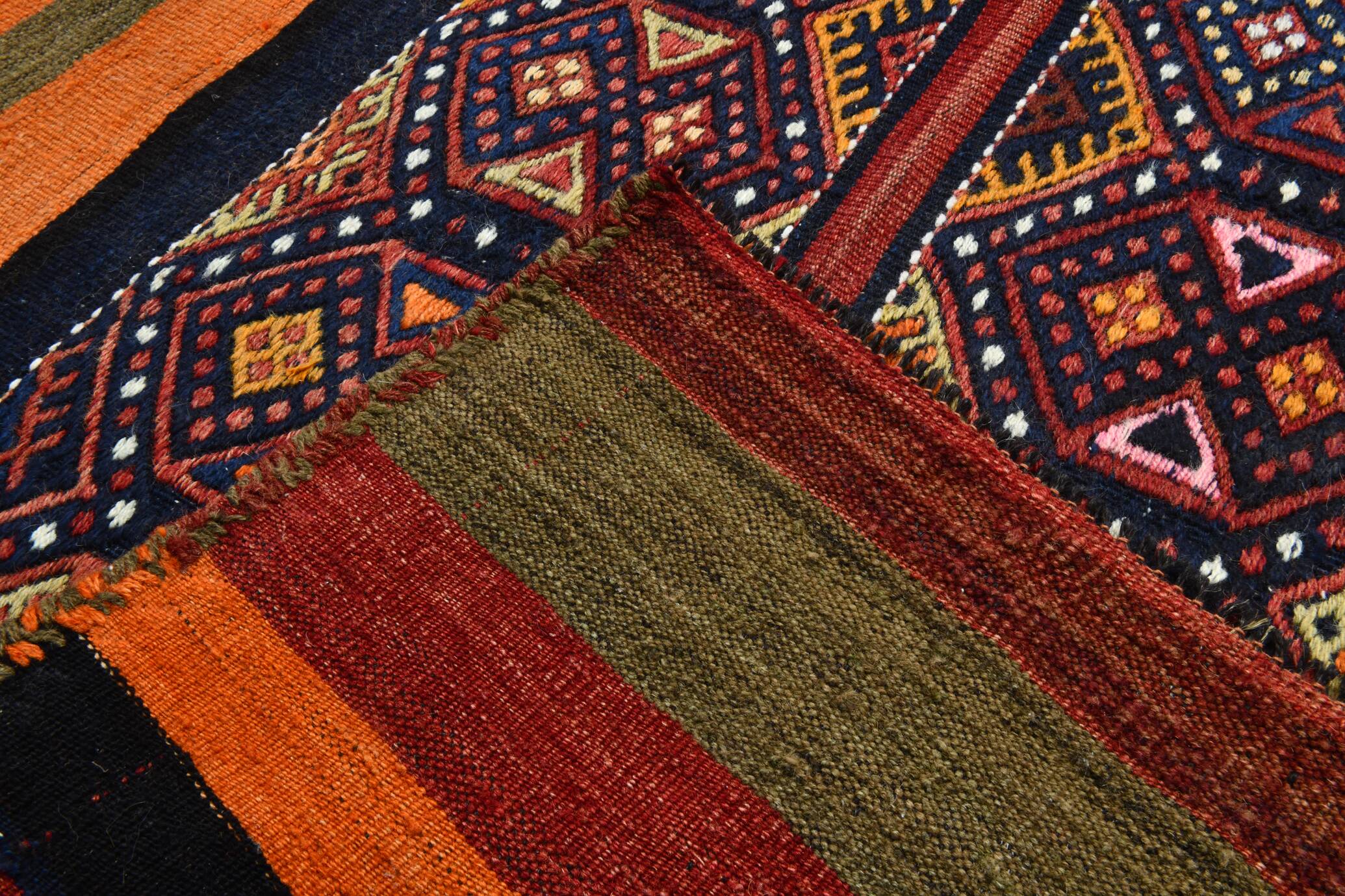 Navy Blue Orange Square Antique Kilim Rug, 128x128Cm