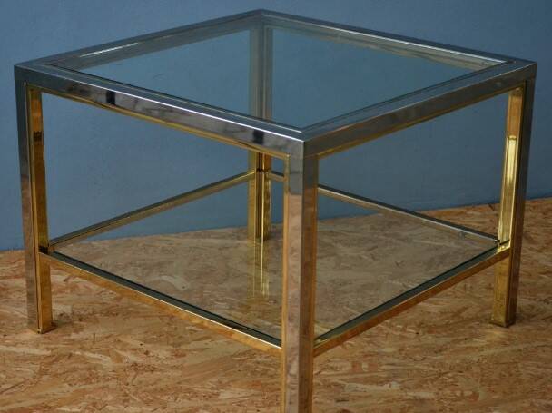 Table basse de style moderniste, style Romeo Rega en laiton et chrome