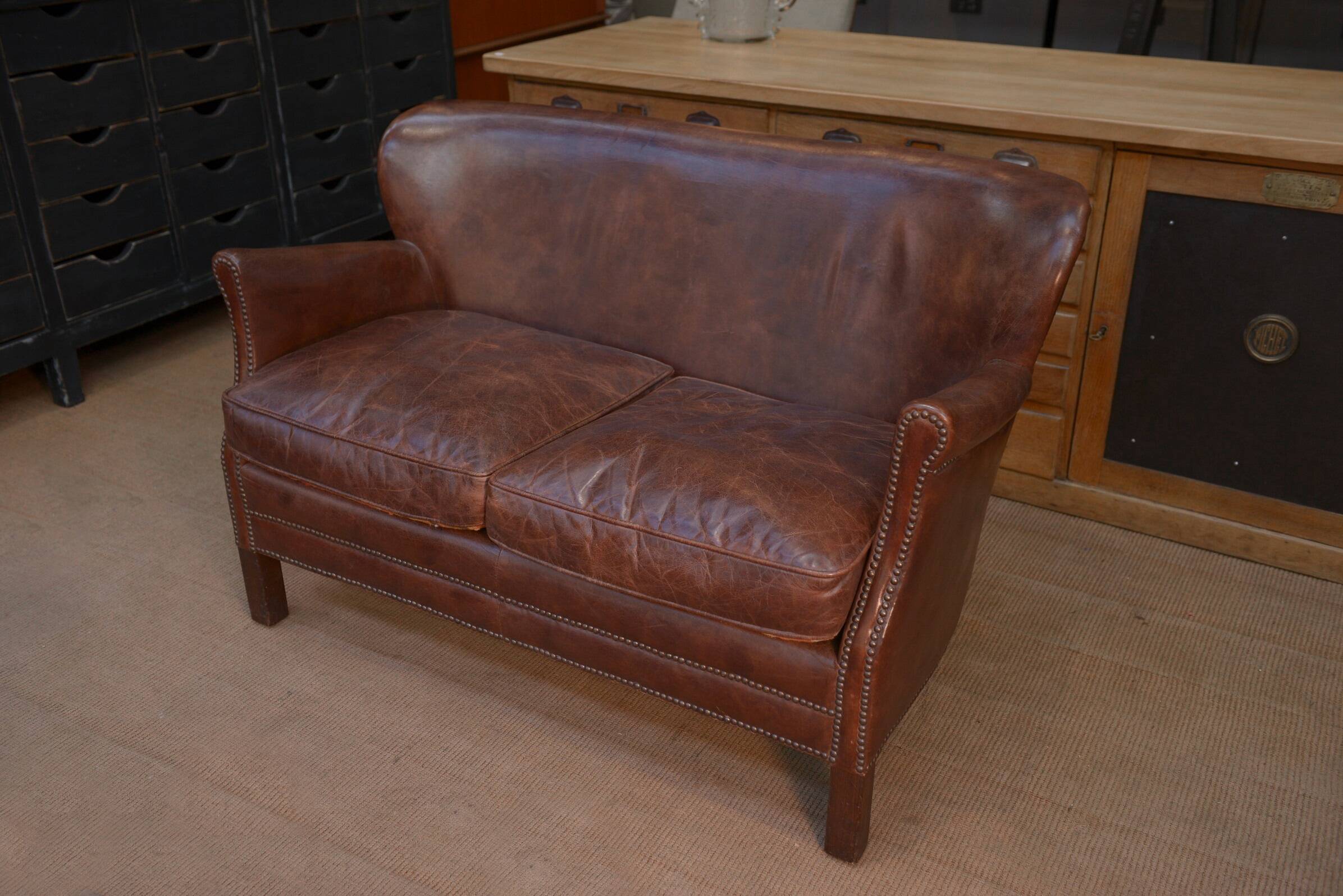 Small Vintage Bench Sofa Studded Leather Sofa 1970s