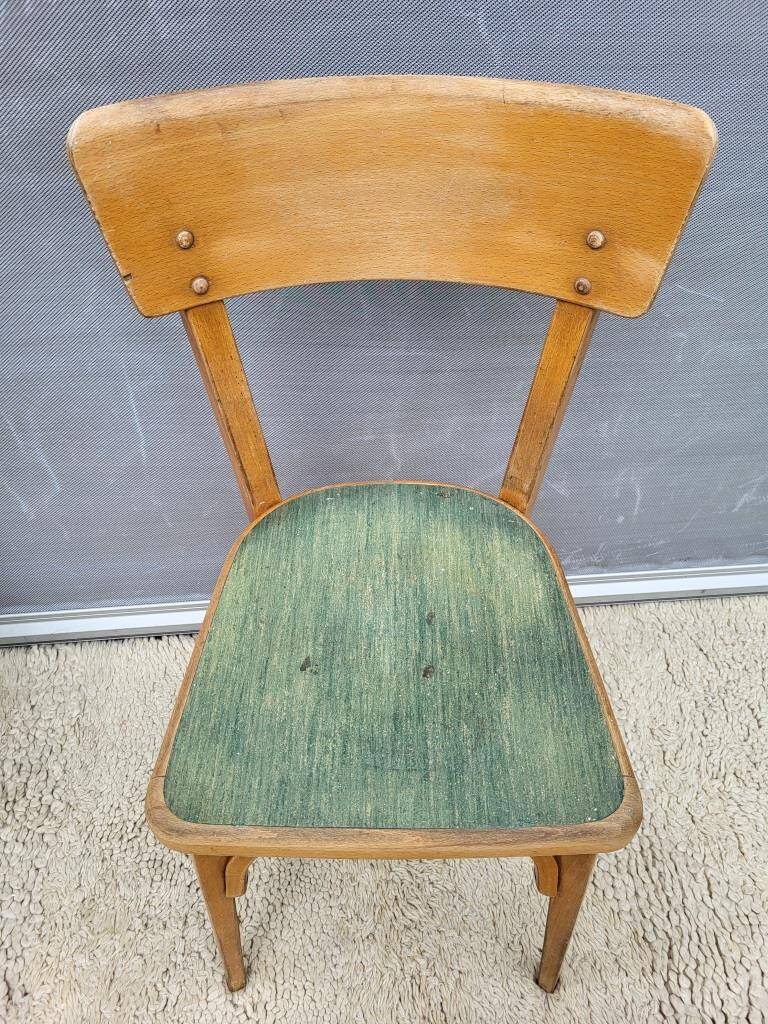 Trio chaises bistrot Baumann 1950 simili vert chiné