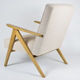 Fauteuil vernis original, années 1960, restauré, modèle B310, tissu beige, vernis en teck