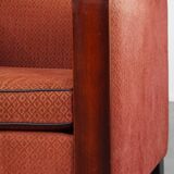 Art Deco design armchair with red fabric upholstery and wooden details