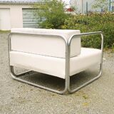Chrome-designed chair and faux white leather 1970