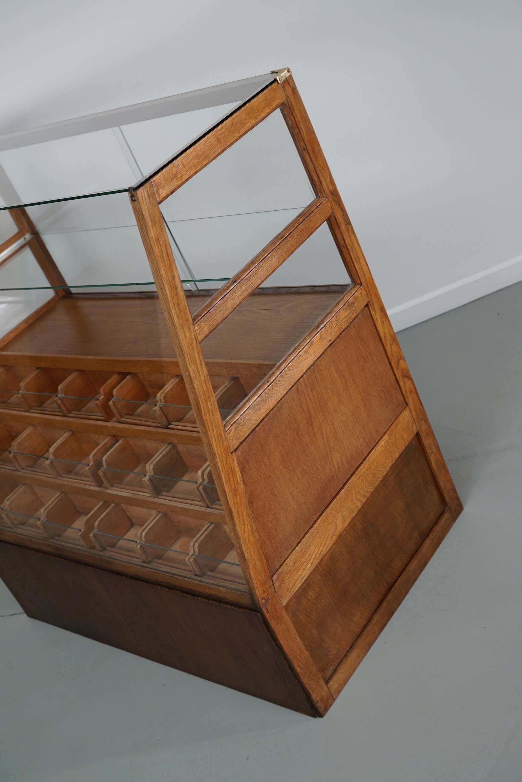 Antique Spanish beech & oak haberdashery cabinet or shop counter, 1950s