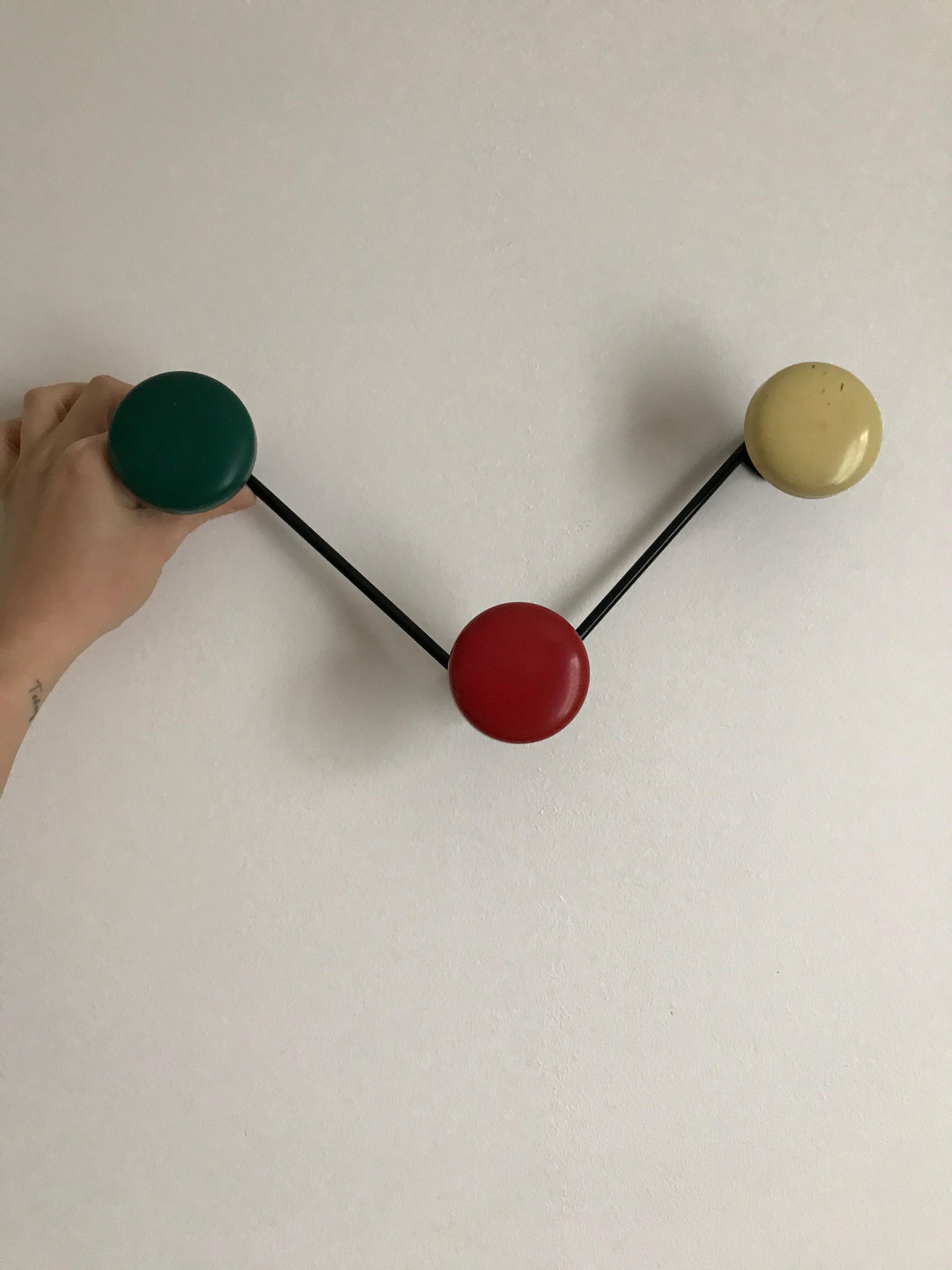 Vintage coat rack 3 colorful metal hooks