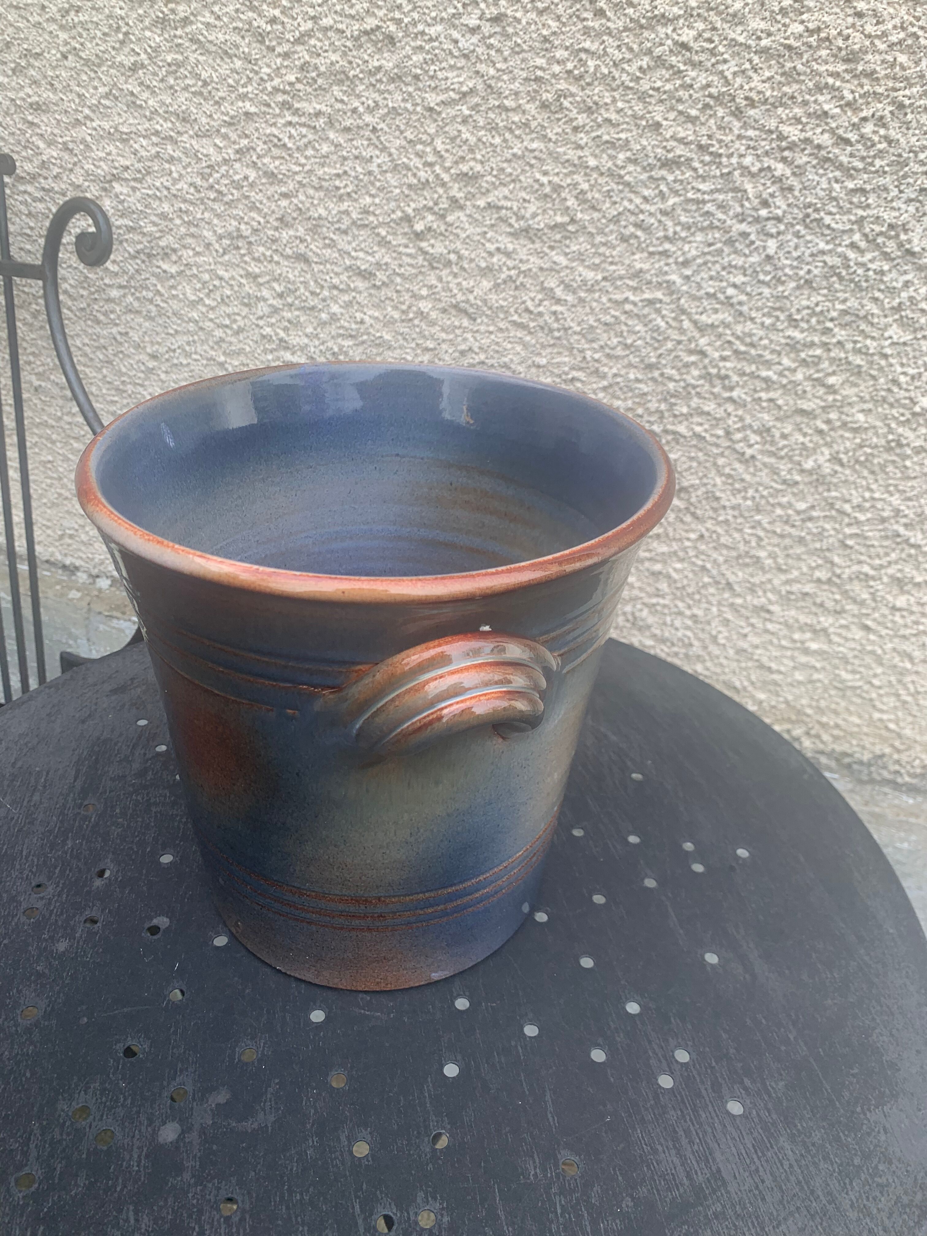 Champagne bucket in blue and beige glazed ceramic, vintage handmade