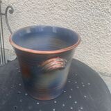 Champagne bucket in blue and beige glazed ceramic, vintage handmade